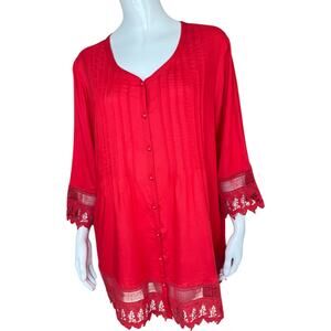 Blair Red Women's Blouse Large Lace Pleated‎ Button-Front NWOT Boho